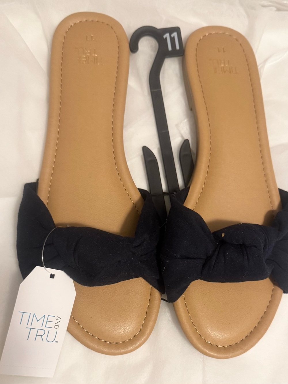 Time and Tru Black Knotted Slide Sandals with Tan Footbed - Women's